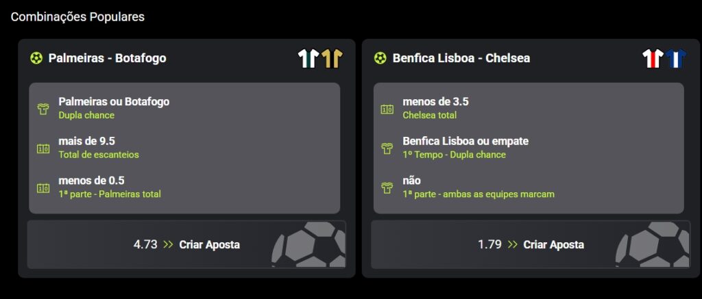 Combinações populares na F12.Bet com mercados de escanteio, dupla chance e total de gols no primeiro tempo entre Palmeiras e Botafogo pelo Mundial de Clubes