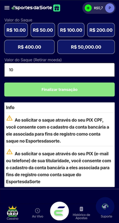 Área de saque da Esportes da Sorte com opções de valor via Pix e aviso sobre vinculação da conta bancária para registro da transação.