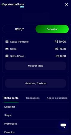 Menu de conta da Esportes da Sorte com saldo total de R$10,70, saque pendente de R$10 e opções como depósito, histórico e promoções.
