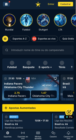 Apostas esportivas na EstrelaBet com partidas ao vivo da NBA entre Indiana Pacers e Oklahoma City Thunder, e destaque para jogos do Brasil na Liga das Nações com selo de Apostas Aumentadas.