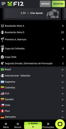Lista de competições da F12.Bet com destaque para Brasileirão Série A e D, Copa da Colômbia, Copa Chile e seleções internacionais como Brasil, Argentina e EUA.