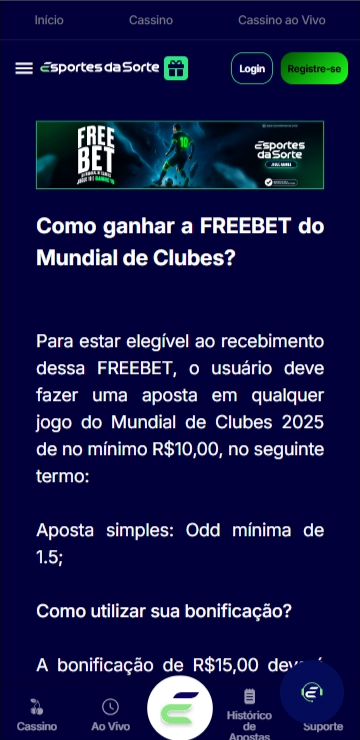 Promoção de freebet de R$15 na Esportes da Sorte para quem apostar no Mundial de Clubes