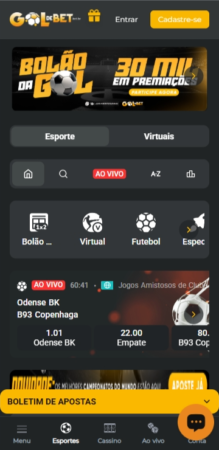 Página principal da Gol de Bet com destaque para bolão da rodada e apostas ao vivo em amistosos de clubes