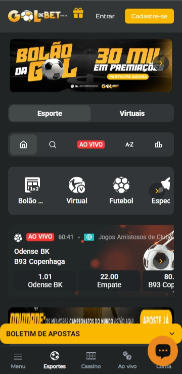 Página de esportes da Gol de Bet com destaque para o Bolão da Gol