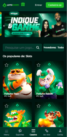 Seção de slots da Lotogreen com destaque para os jogos Fortune Tiger e Fortune Rabbit da PG Soft