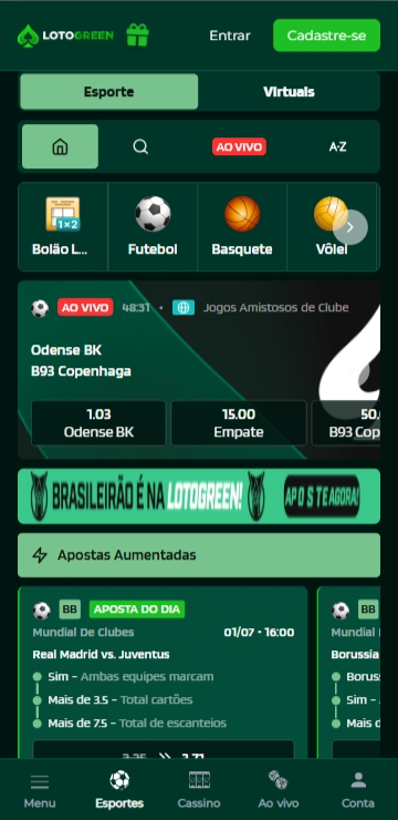 Página de esportes da Lotogreen com apostas aumentadas na partida Real Madrid vs Juventus