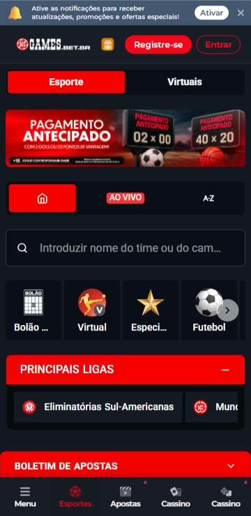 Página de esportes da MC Games com banner destacando o pagamento antecipado
