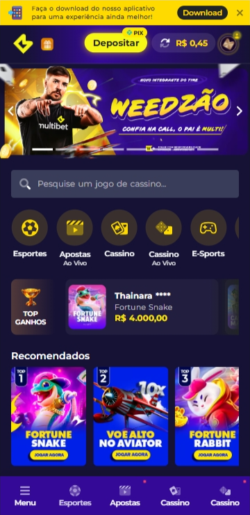 Cassino online Multibet com destaque para os jogos Fortune Rabbit, Aviator e Fortune Snake