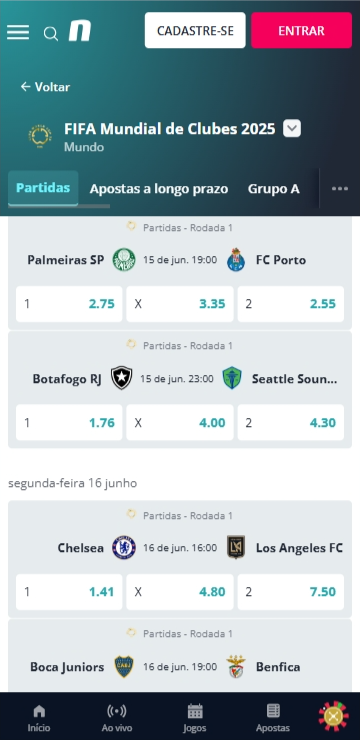 Página de jogos da Novibet com mercados disponíveis para o Super Mundial de Clubes 2025