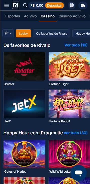 Rivalo Cassino com destaque para seção Os Favoritos da Rivalo e Happy Hour com Pragmatic