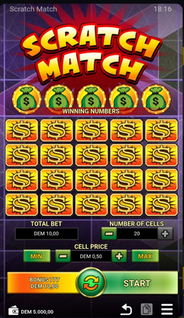 Jogo Scratch Match com 20 células para revelar, números premiados no topo e botões para ajustar valor da aposta e iniciar o jogo.