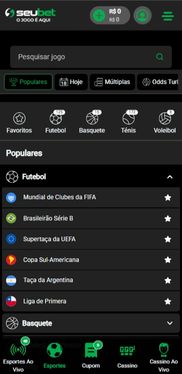 Página de esportes da Seubet com as principais ligas de futebol