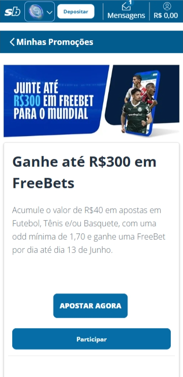 Promoção “15 Dias, 15 Freebets para você” na Sportingbet, com até R$300 em apostas grátis para o Mundial de Clubes