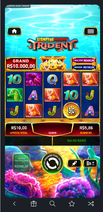Slot Stampede Rush Trident com símbolos coloridos e baú de tesouro no topo da tela