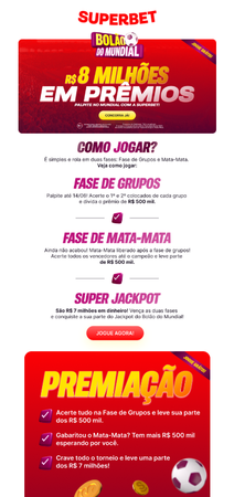 Bolão do Mundial Superbet com um prêmio total de R$8 milhões para os melhores apostadores.