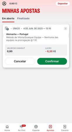 Cashout parcial da Superbet com aposta em Alemanha vs Portugal, valor apostado de R$1, opção de retirar R$0,80 e lucro parcial de R$0,20 negativo.