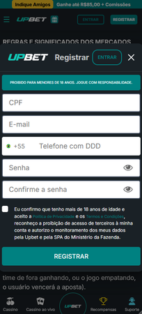 Formulário de cadastro da Upbet com campos para CPF, e-mail, telefone, senha e confirmação, além de checkbox de confirmação de maioridade e botão Registrar.