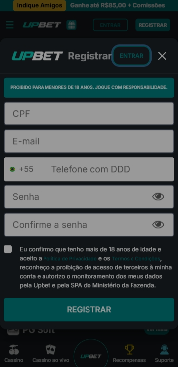 Formulário de cadastro na Upbet com campos de CPF, e-mail, telefone e senha