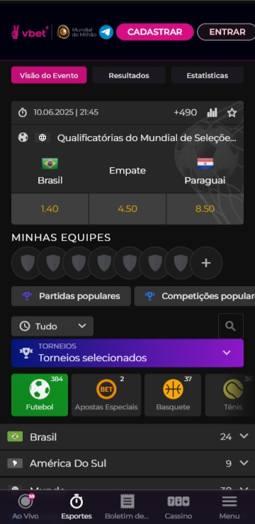 Seção de esportes Vbet com odds para a partida Brasil x Paraguai pelas Eliminatórias da Copa