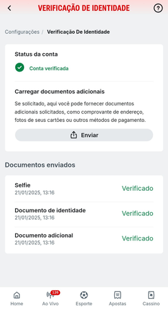 Verificação de identidade concluída com sucesso, conta verificada e documentos como selfie, identidade e comprovante adicional marcados como verificados.