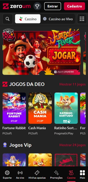 Página do Cassino Zero Um com destaque para o jogo Futebol Fever