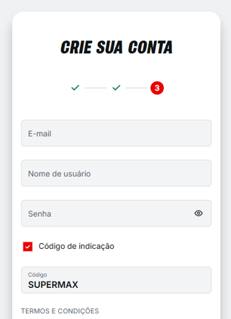 Etapa final de cadastro na Superbet com campos para e-mail, nome de usuário, senha e código de indicação preenchido com 'SUPERMAX'.