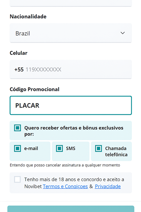 Página de cadastro com código promocional Novibet PLACAR