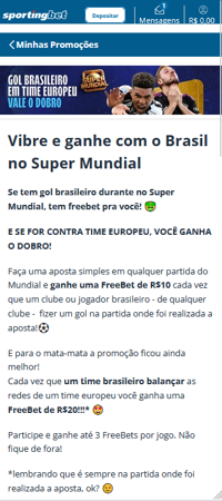 Promoção da Sportingbet para o Super Mundial: ganhe FreeBet se um time brasileiro marcar gol e o dobro se for contra time europeu.