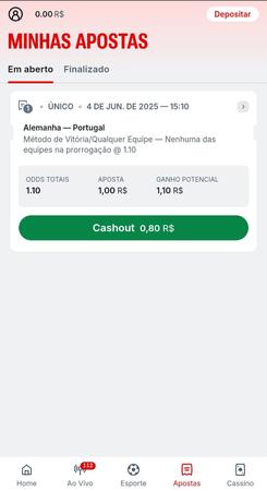 Cashout da Superbet com aposta ativa em Alemanha vs Portugal, odds de 1.10 e valor de aposta de R$1, com opção de retirar R$1 durante o jogo