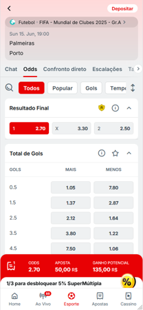 Mercado de resultado final na Superbet para Palmeiras vs Porto no Mundial de Clubes 2025, com aposta de R$50 e ganho potencial de R$135.