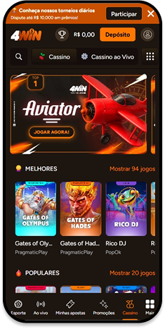Cassino 4win com destaque para os melhores jogos, como Gates of Hades, Tigre Sortudo 1000 e Gates of Olympus