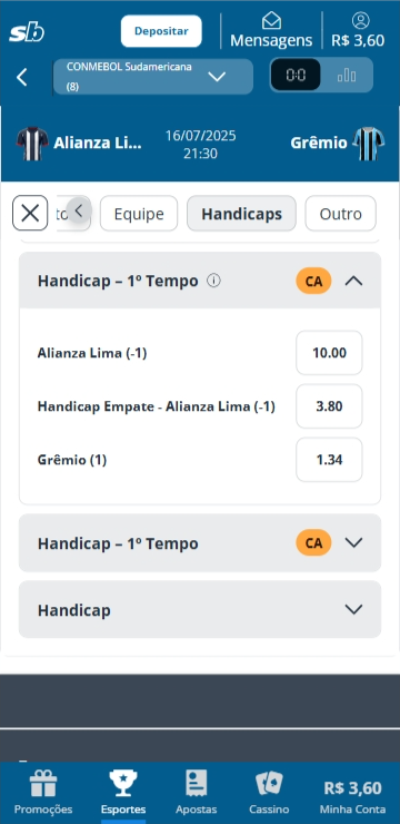 Odds do mercado handicap europeu 1º tempo na Sportingbet para a partida Allianza Lima vs Grêmio