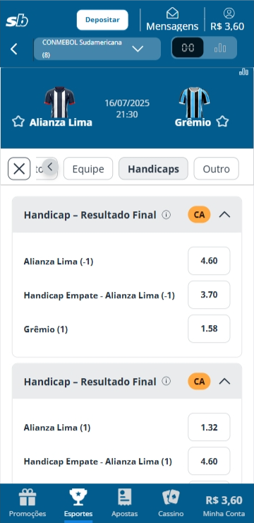 Mercado de apostas na Sportingbet com handicap de +1 no Alianza para a partida Alianza Lima vs Grêmio na Copa Sul Americana