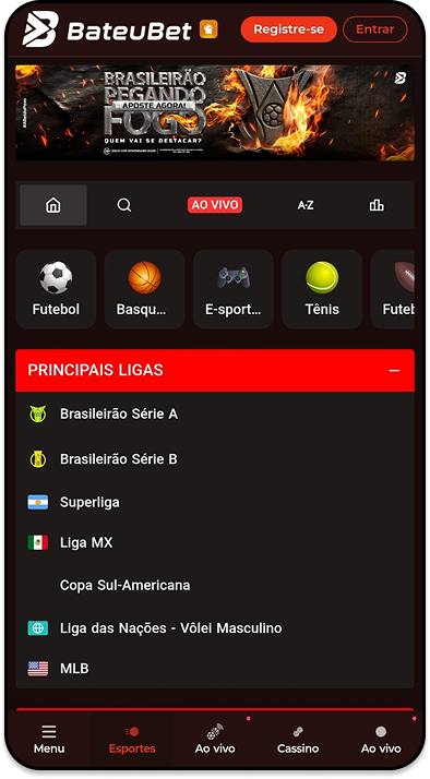 Casa de apostas BateuBet com destaque para o jogo AC Monza vs Fiorentina na Série A, odds para cada resultado, e seções de competições populares como NBA, Libertadores e La Liga.