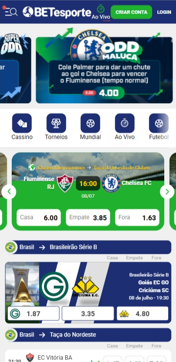 Página de esportes na Betesporte com banner de destaque para os Super Odds do dia