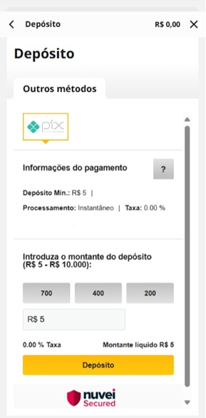 Página de depósito da Betfair a partir de R$5