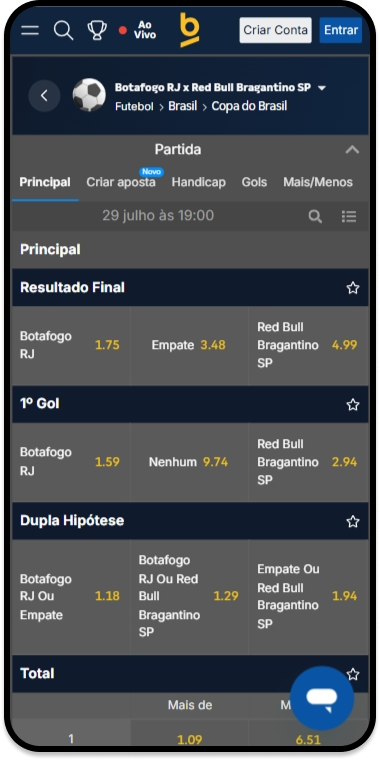 Odds da partida Botafogo x Bragantino pela Copa do Brasil na Betnacional