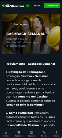 Cassino online Br4bet com promoção de cashback semanal