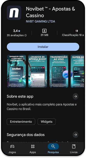 Página da Novibet na Google Play Store com instruções para baixar o aplicativo oficial de apostas esportivas e cassino
