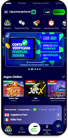 Página principal da Esportes da Sorte com jogos de cassino e odds em partida da Taça da Singapura 2025