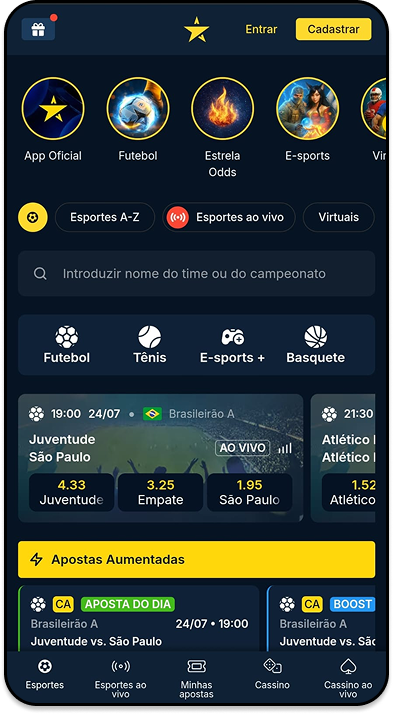 Tela inicial da casa de apostas Estrela Bet apresentando mercados no futebol, tênis e Basquete.