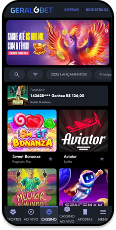Cassino Geralbet com destaque para os slots Immortal Ways Diamonds, Tigre Sortudo 1000 e banner de desaque da roleta brasileira