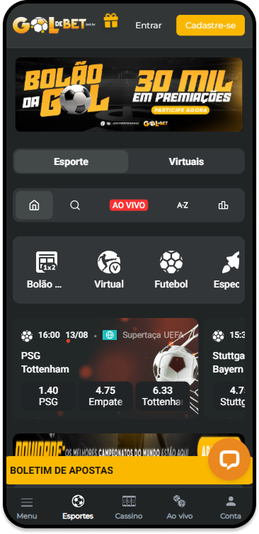 Página de esportes da Gol de Bet com destaque para o Bolão da Gol