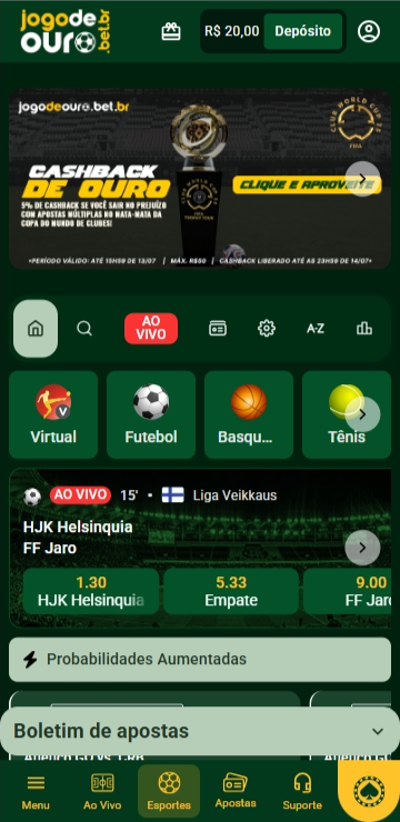 Página de esportes na Jogo de Ouro com saldo de R$20 disponível e oferta de cashback de ouro