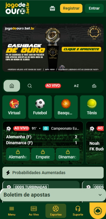 Seção de esportes na Jogo de ouro com destaque para o cashback de ouro