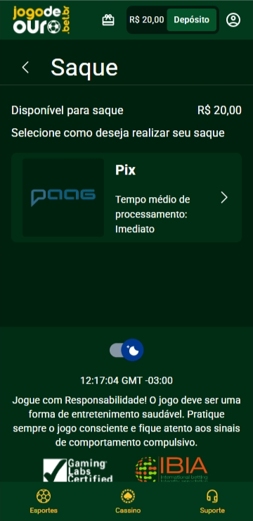 Página de solicitação de saque com R$20 disponível para retirada através do Pix