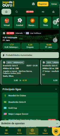 Página da Jogo de Ouro com apostas ao vivo e odds turbinadas em destaque