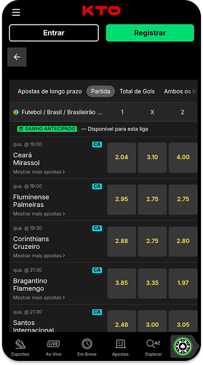 Site da KTO com destaque para apostas ao vivo na Série B entre Santos e Grêmio Novorizontino, e seção de odds especiais chamada Oddão da KTO.