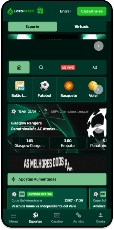 Página de esportes da Lotogreen com apostas aumentadas na partida Real Madrid vs Juventus