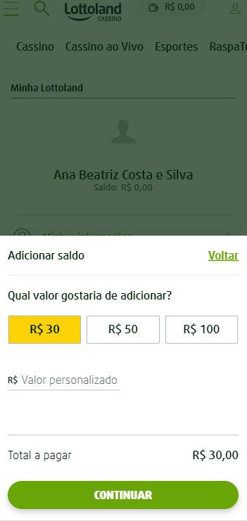 Página de depósito na Lottoland com mínimo de R$30